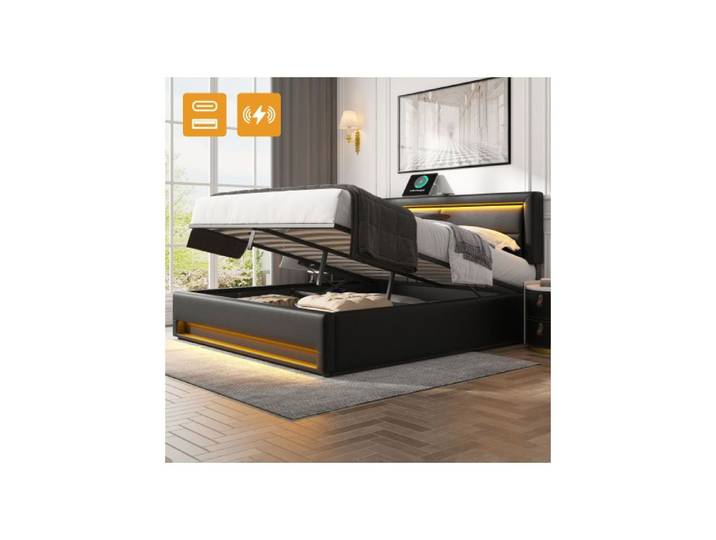 Upholstered Bed 135 x 190 cm (supports wireless and wired charging)with LED lighting and storage space mattress not included black