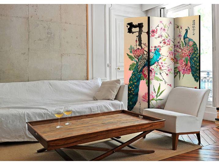 Paravent Peacock Love 1 côté Intissé sur bois massif Turquoise/Beige 135 x 172cm