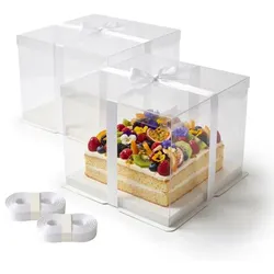 Relaxdays Transparente Tortenbox 2er Set Schleife Weiß,Transparent