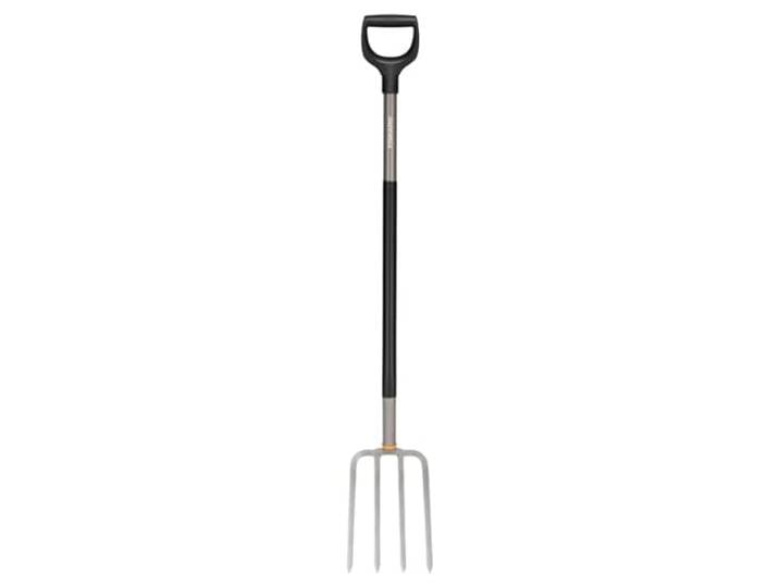Fiskars Fourche à bêcher pour sols durs et pierreux\, Avec 4 dents\, Longueur : 132 cm\, Acier au bore de haute qualité\, Gris/noir\, Ergonomic\, 1070679