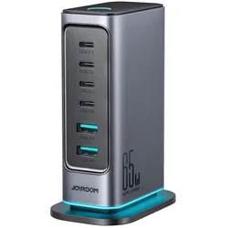 Joyroom 6 in 1 Multi USB charger (65 W, 6 Ports), USB Ladegerät, Grau, Schwarz