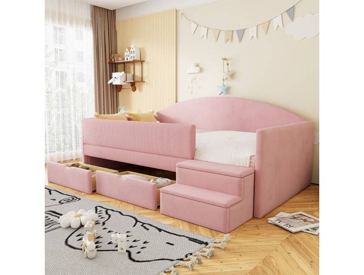 Lit enfant - MERAX - Lit banquette 90x190 velours - barrières rembourrées - 2 tiroirs - marches antidérapantes