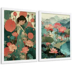 POSTER 2er-Set dekorative Badezimmerdrucke, japanisch-orientalische Kunstposter WC mit Lotusblumen, asiatische Landschaft, Stil Weißer Rahmen A3