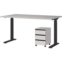 Büro Set 2-teilig | Schreibtisch 140x80cm & Rollcontainer Greige/Schwarz | Einstellbar 68-91cm & Soft-Close | Made in Germany Kadima Design