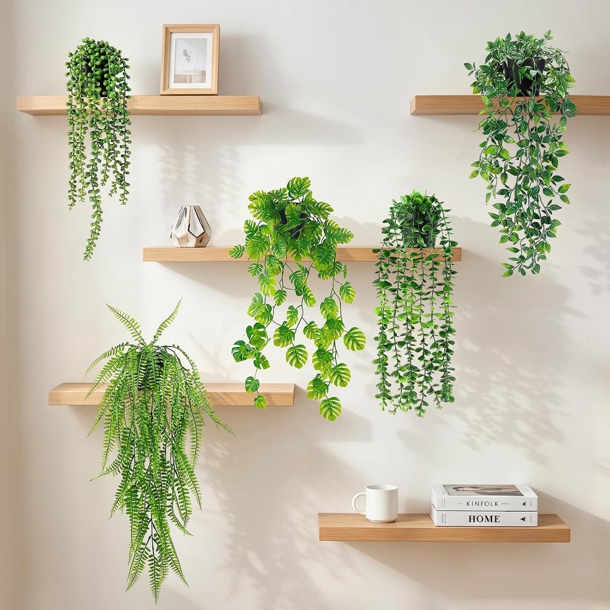 Set van 5 kunstmatige eucalyptus hangplanten inclusief potten