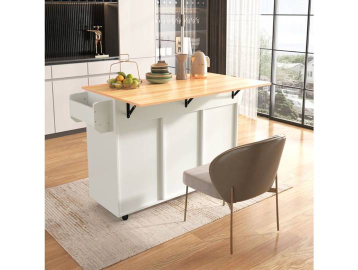 Meuble rangement buffet blanc de cuisine avec plateau rabattable roulettes 3 tiroirs et 2 portes JOINERY