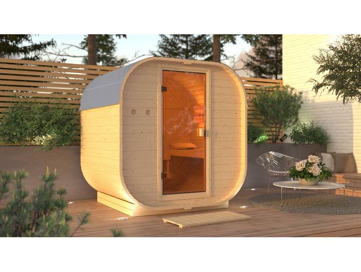 Fasssauna KONIFERA Cube , beige (naturbelassen), Saunaofen, integrierte Steuerung, 3,6 kW, Saunen, Fasssauna, Plug&Play Saunaofen mit eingebauter Steuerung 3,6 kW mit 18 Kg Steinen