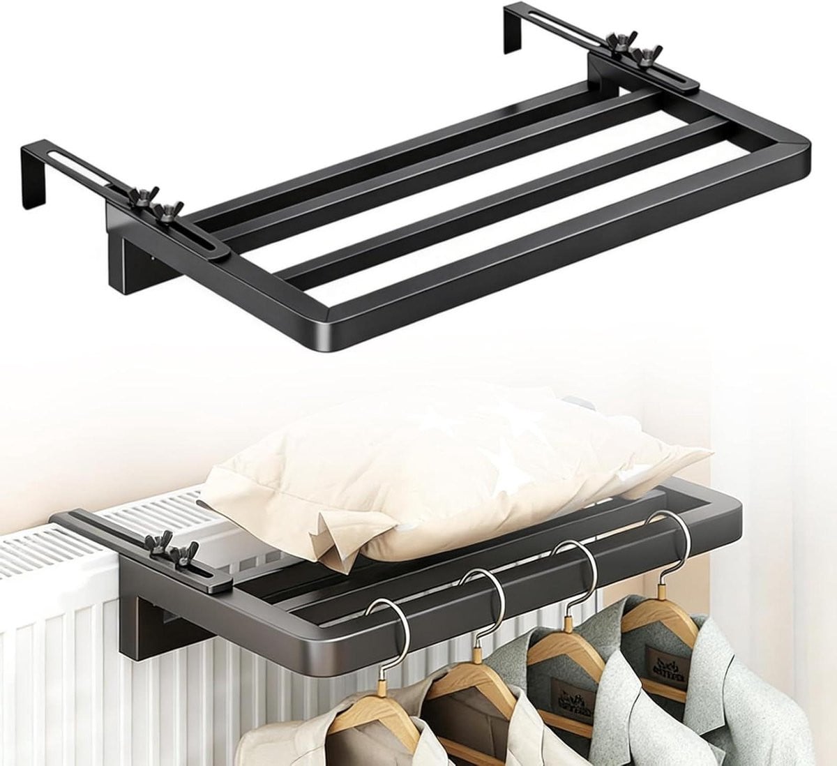 Zwart radiator droogrek voor kleding - Verstelbaar hangend wasrek - 40 x 25 cm