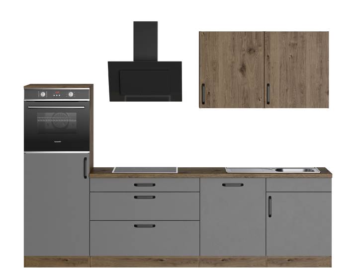 Küchenzeile WIHO KÜCHEN Elba , grau (küche: grau, korpus: halifax eichefarben braun, arbeitsplatte: halifax eichefarben braun), B:280cm T:60cm, Komplettküchen-Sets, Küchenzeile, wahlweise mit Hanseatic E-Geräten, Breite 280 cm