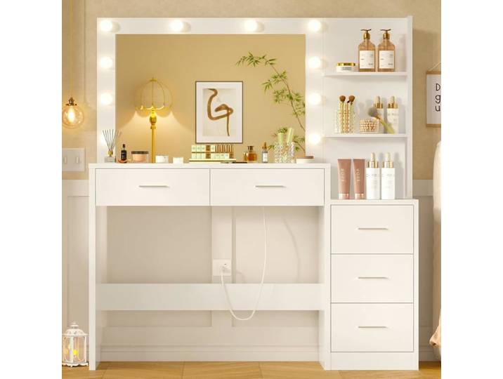 FIONESO Coiffeuse 110 cm Blanc Grand Miroir LED 3 Couleurs et Luminosité Réglable 5 Tiroirs et 2 Compartiments