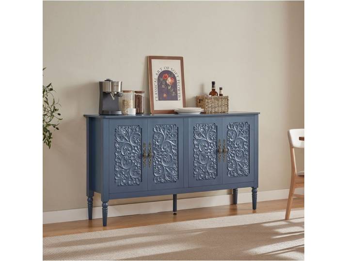 Buffet bas IVMEU 160 cm bleu marine relief sculpté 3D grand rangement pieds tournés