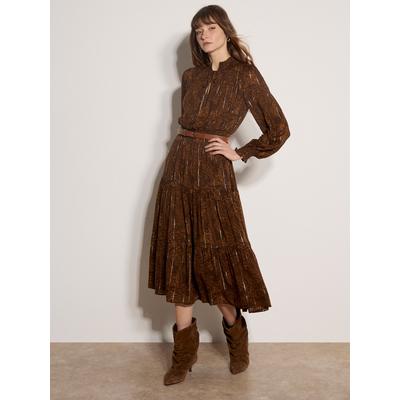 Midikleid APRICOT "Rüschenkleid mit Metallic-Schimmer", Damen, Gr. 8, braun, gewebt, , Modisch, normal, V-Ausschnitt, Elastische Bündchen, Kleider Midikleid, im Stufenschnitt