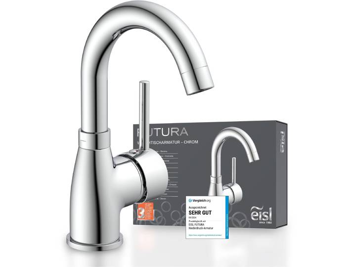Waschtischarmatur EISL Futura , grau (chromfarben), B:10cm T:13,2cm, Kunststoff, Messing, Armaturen, Waschtischarmatur, Wasserhahn mit Energiesparfunktion Cold Start, Mischbatterie
