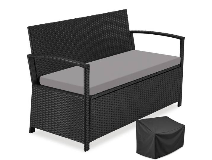 Banc de jardin en rotin « Vecchia » 2 places, résistant aux intempéries, avec espace de rangement - noir