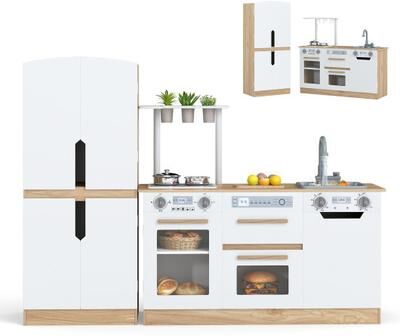 Costway Wooden 2 Piece Kids Kitchen Playset with Fridge and Running Water-Natural