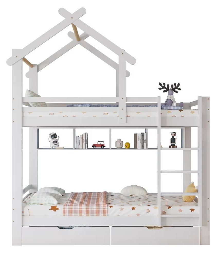 Etagenbett - Hausbett mit Stauraum - Massivholz und MDF - Matratzenmaß 90 x 200 cm - Weiß