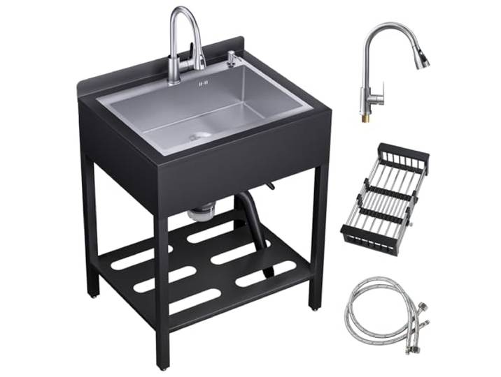 Freistehende Edelstahl Waschspüle für Außenbereich, Spülbecken Küchen Spüle mit Abtropfschale & Ausziehbarem Wasserhahn & Kalt-Warmwasserrohre (Silber, 65cm x 52cm x 95cm)