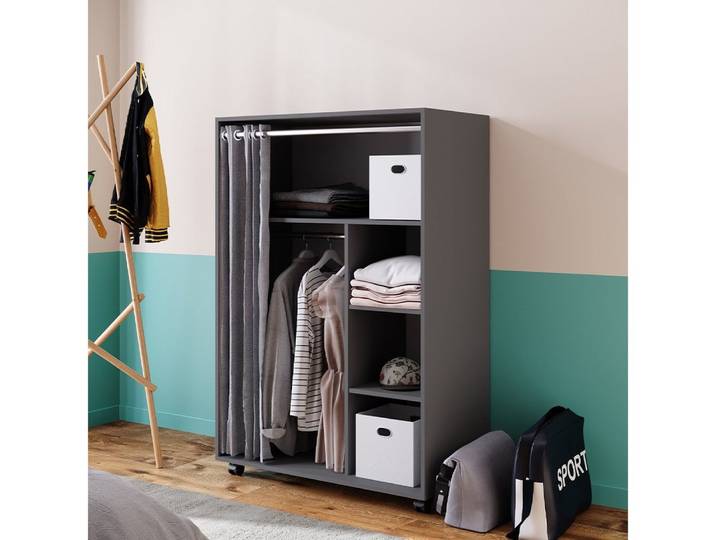 Vicco Kleiderschrank Doros, Grau, 100 x 146.6 cm mit Rollen (1-St) mit Kleiderstange