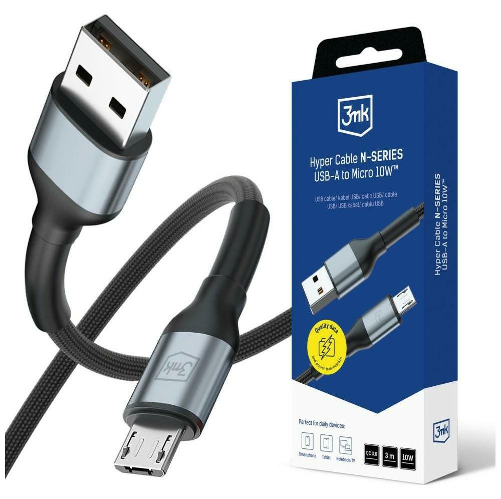 3Mk Hyper Cable N-Serie USB-A naar MicroUSB, QC 3.0, 5V/2A, 10W, zwart