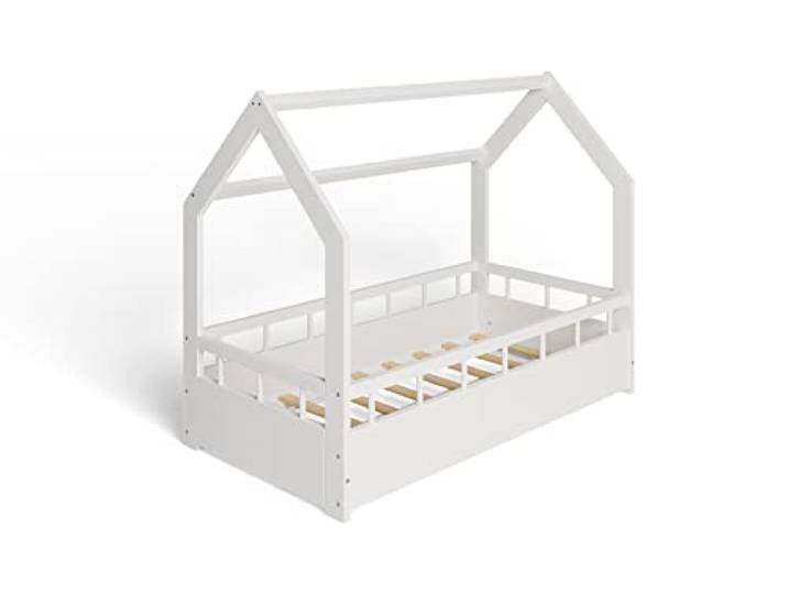 ms factory Hausbett Kinderbett 70x140 cm mit Rausfallschutz und Lattenrost - Einzelbett aus Kiefernholz für Mädchen und Junge - Weiß