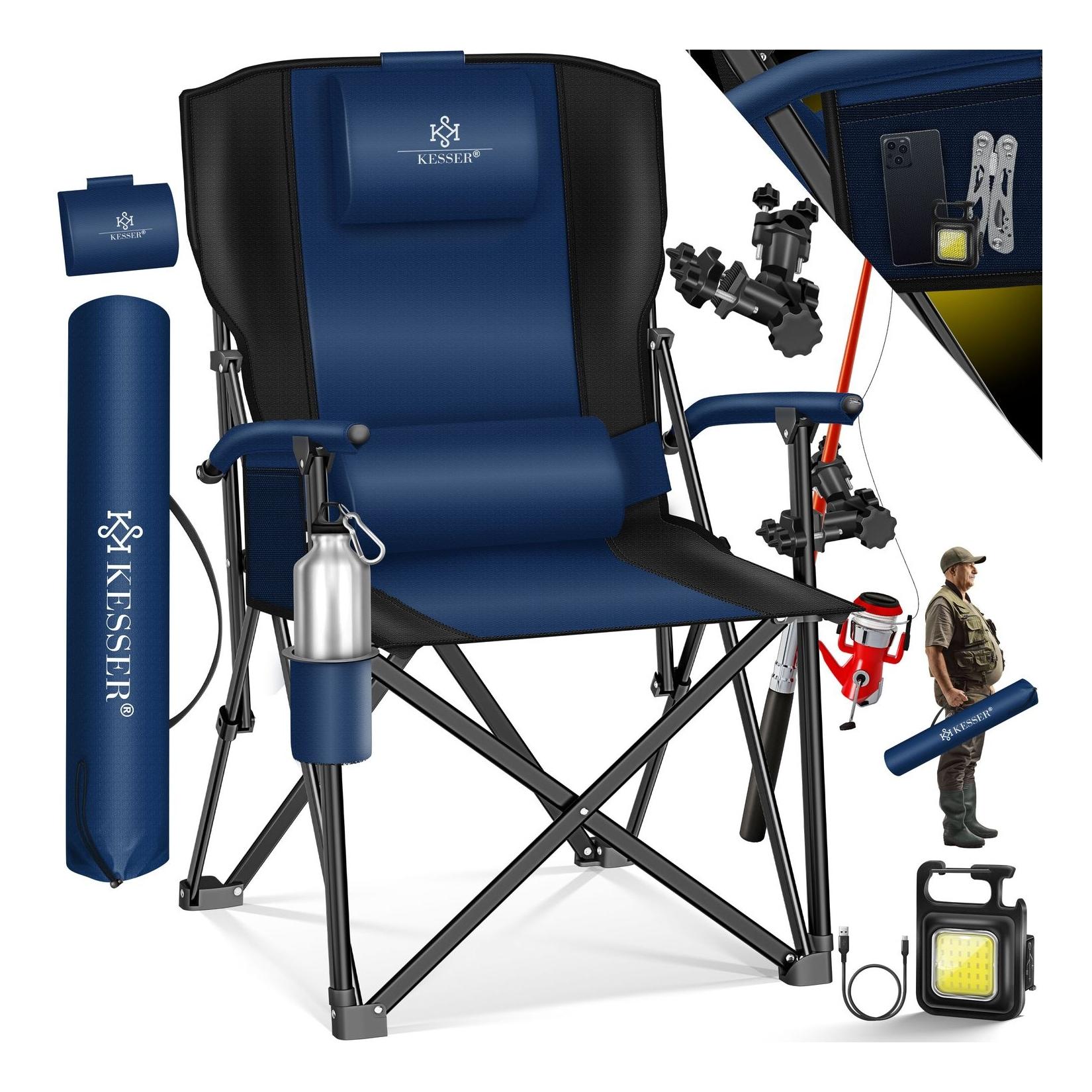 KESSER® Campingstuhl faltbar bis 160 kg Angelstuhl Faltstuhl Klappstuhl Gepolstert mit Armlehnen Campinglicht und Getränkehalter + Tasche mit hoher Rückenlehne Strandstuhl mit Angelhalterung