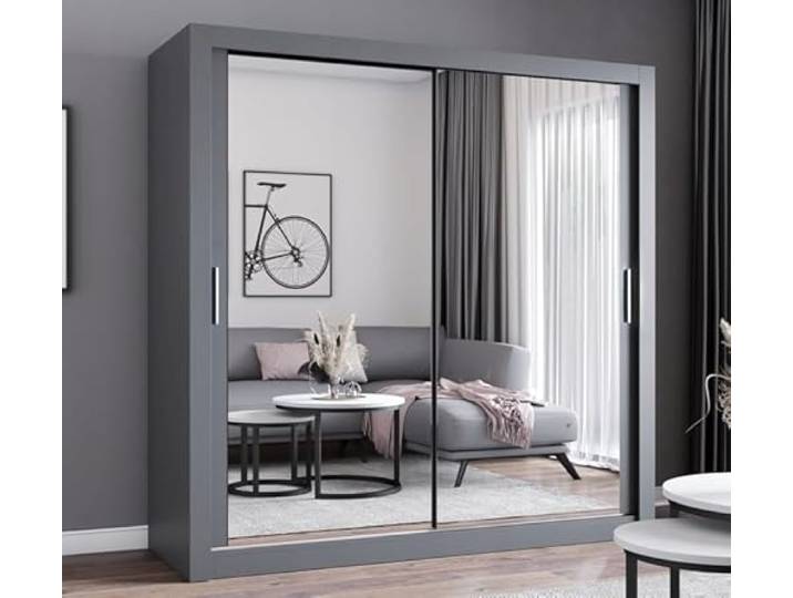 Easy4You MN Grau Schiebetürenschrank Kleiderschrank 203x215x64 cm mit Spiegel - Schlafzimmermöbel, Aufbewahrung – Mehrzweckschrank mit 4 Kleiderstangen