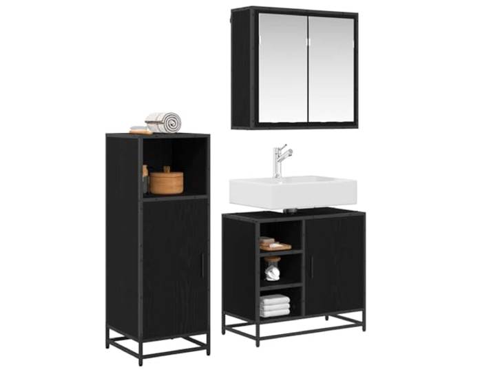 LMTYOENFG Badezimmermöbel-Set 3-teilig Schwarz Eichen-Optik Holzwerkstoff Stilvolles Badmöbel Set für das Gästebad: Spiegelschrank, Waschbeckenunterschrank und Beistellschrank bieten viel Stauraum.