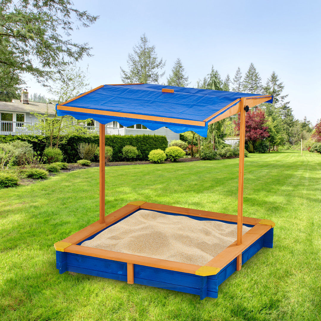 Teamson Kids 118cm x 118cm Solid Wood Square Sandbox with Cover Blue;Brown 118cm H X 118cm W X 118cm L