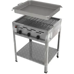 ChattenGlut Professional Gastrobräter, 3 Brenner, 10,8 kW, verchromter Stahlrost und Stahlpfanne, Gewerberegler + SBS, 650 x 530 x 800 mm, Standgerät