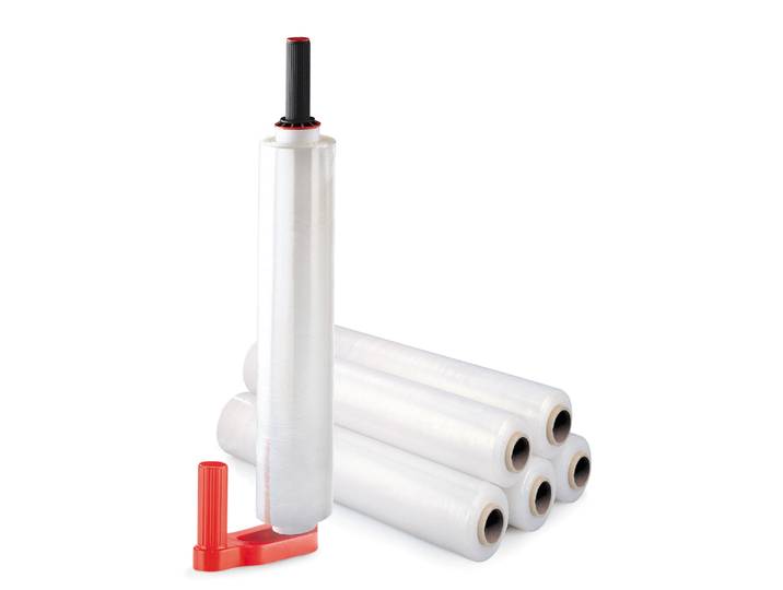 Kit de 6 bobines de film emballage étirable cast 17 microns 45 cm x 300 m + 1 dérouleur manuel OFFERT - Transparent