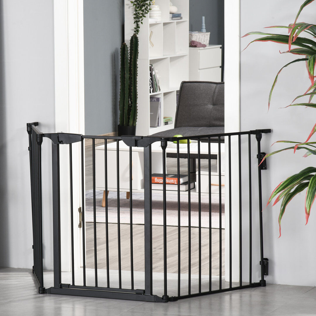 PawHut Pet Safety Gate Panels Playpen Metal Fence with Walk Through Door Black 180cm W
