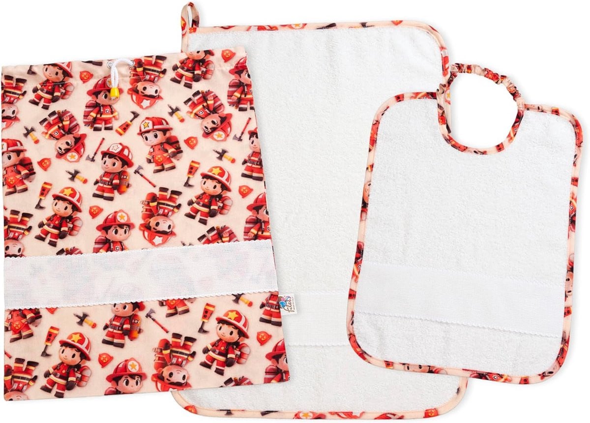 3-delige kleuterschoolset met zak, slabbetje en handdoek, beige met Aida-stof borduurinzet