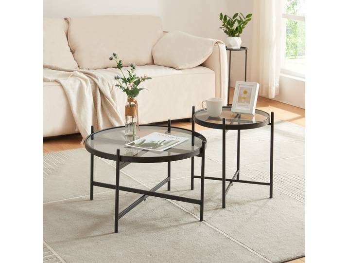 Couchtischset ‘Lier’ 2-tlg. Beistelltisch Glasplatte Metallgestell Schwarz