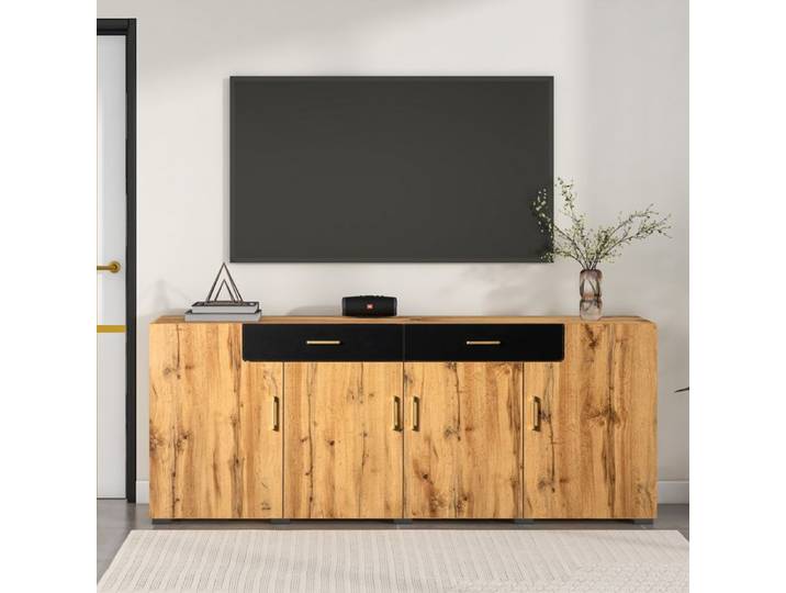 Meuble TV buffet avec 4 portes et 2 tiroirs grand rangement structure stable panneaux de particules marron 208x39 5x80 cm