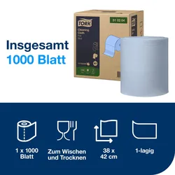 Tork Extra Starke Reinigungstücher Blau W1, Weich und Flexibel, 1 × 1.000 Tücher...