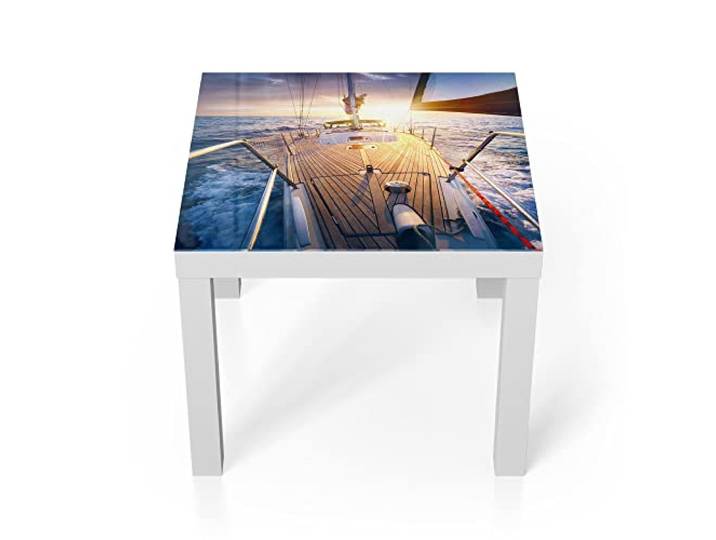 DEQORI Glastisch weiß klein 55x55 cm Motiv Segelboot jagt Abendsonne ausgefallener Beistelltisch aus Glas Hochglanz Couchtisch fürs Wohnzimmer moderner Couch Tisch mit Design