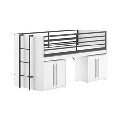 HALBHOCHBETT 90x200 Keelia Weiß mit Schreibtisch Stauraum