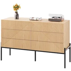 Merax Sideboard mit 6 Schubladen, Kommode Holzoptik mit 3D Struktur, Aufbewahrungsschrank, Metallbeine, Wohnzimmer, Naturholzfarbe