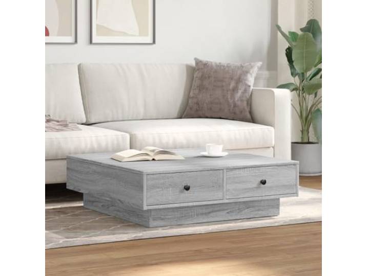 KTHLBRH Couchtisch, Sonoma-Grau, 90 x 90 x 28 cm, aus mehrschichtigem Holz Mit Ablagen, Metallgriffen, stabil, leicht zu reinigen, maximale Belastung 75 kg