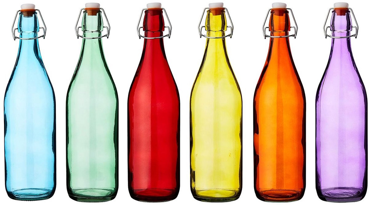 Set van 6 gekleurde glazen flessen met steekdop - 1 liter - regenboogkleuren
