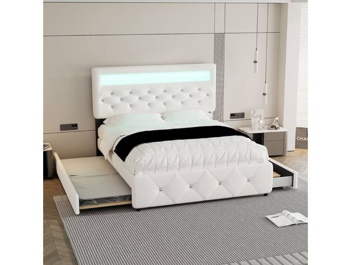 Lit double rembourré avec lit gigogne - Dimensions 140x200 cm - Lit gigogne intégré - 2 tiroirs de rangement