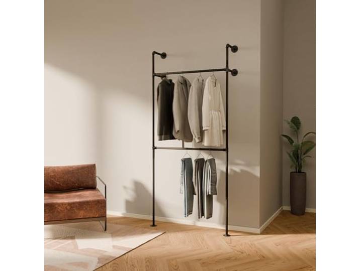 pamo Kleiderstange Wandmontage Schwarz – 105 x 222 cm 200 kg Traglast Offener Kleiderschrank Industrial Garderobe Wand Schwarz aus Metall – Begehbarer Kleiderschrank System