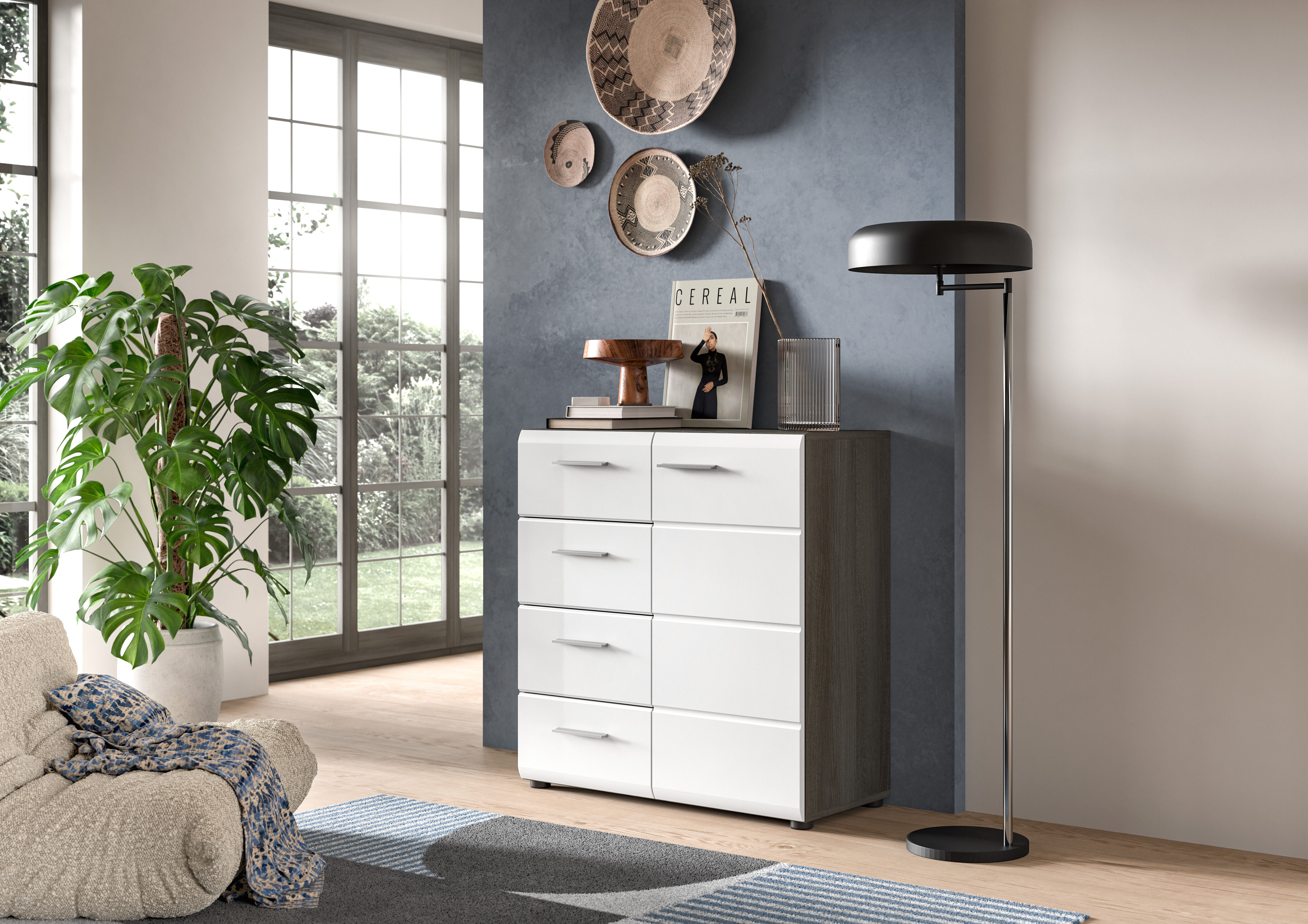 Kommode HOME AFFAIRE "Rumba, Breite 80cm, in Rauchsilber Nachbildung/Weiß Hochglanz", grau (rauchsilber nachbildung, weiß hochglanz tiefzieh), B:80cm H:85cm T:37cm, Sideboards, Kommode, Kommode, Sideboard, Schrank