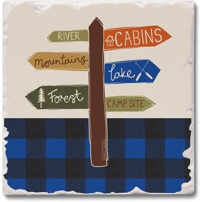 Thirstystone "Lodge Directions 4 Pack Absorbent Stone Coaster with Protective Cork Backing Made in The USA 4"" Square, Artistic, Wipes Clean"
