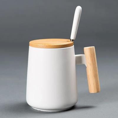 Uplifted Goods Vintage Nordic Wooden Handle Ceramic Infusion Mug white With Lid 15.2 Oz.