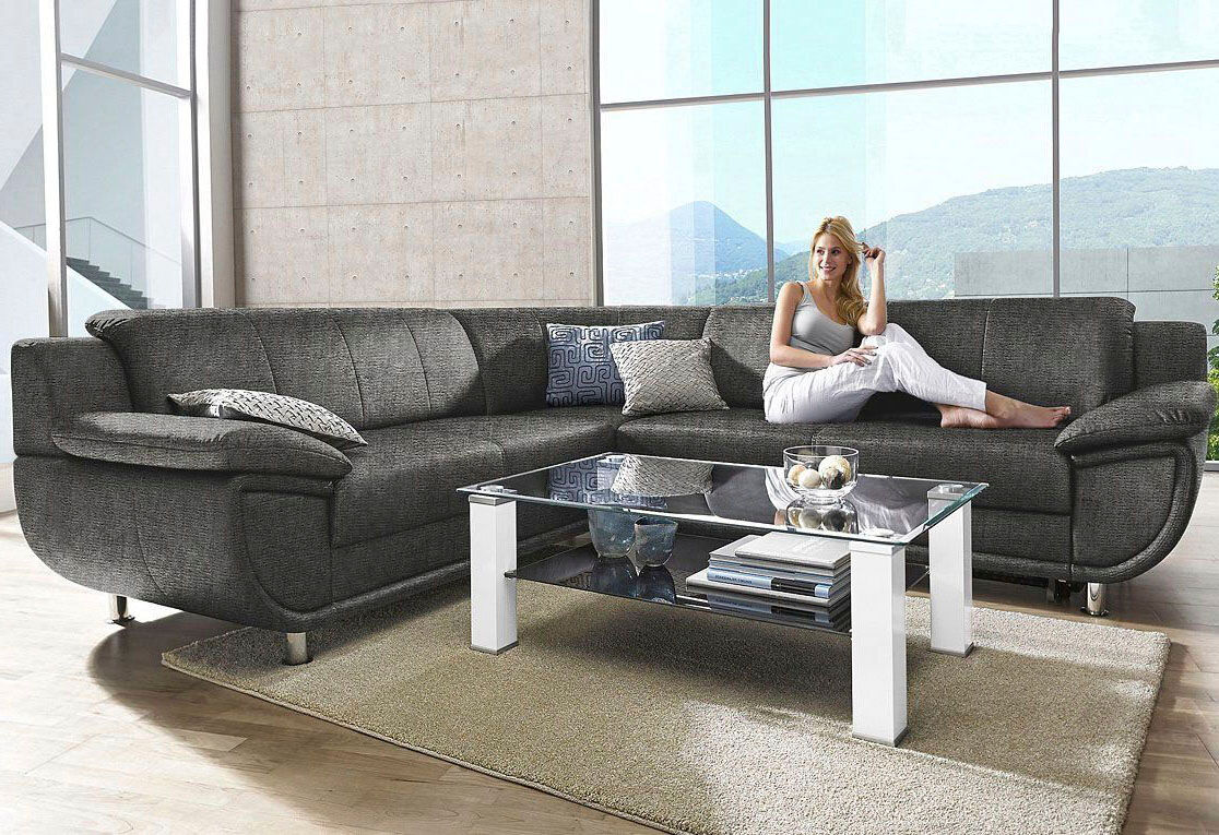Ecksofa TRENDMANUFAKTUR "Rondo 267 cm, elegant, bequem, Breite, L-Form, Chromfüsse", grau (anthrazit, grau), B:267cm H:85cm T:247cm, Microfaser PRIMABELLE (100% Polyester);Kunstleder SOFTLUX;Struktur (54% Polyacryl, 46% Polyester);NaturLEDER (echtes Rinds
