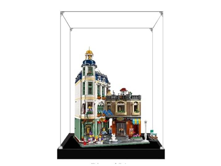 Acryl-Displaybox für Lego 11371 Einkaufsstraße Architekturmodell, transparente staubdichte Displaybox, kompatibel mit Lego 11371 Modell (Modell nicht im Lieferumfang enthalten) (schwarzer Sockel, 3 mm