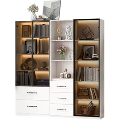 Merax LED Vitrinenschrank 140×40×160 cm, Glasvitrine & Bücherregal, Multifunktionsschrank mit Schubladen, staubdichte Vitrine mit Beleuchtung, weiß