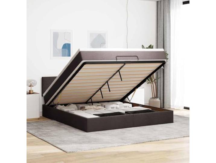 Bettgestell mit Matratze 180 x 200 cm, Dunkelbraun aus Stoff Bettgestell mit Kopfteil, Lattenrost inklusive, hydraulischer Mechanismus, Polyestergewebe, Stauraum unter dem Bett