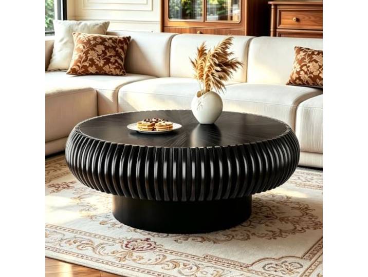 Wxnnx 80 cm Runder Couchtisch Schwarz Geriffeltes Trommel-Design im Mid-Century-Stil - Wohnzimmertisch, Kaffeetisch für Wohnzimmer, Wohnung, kleine Räume